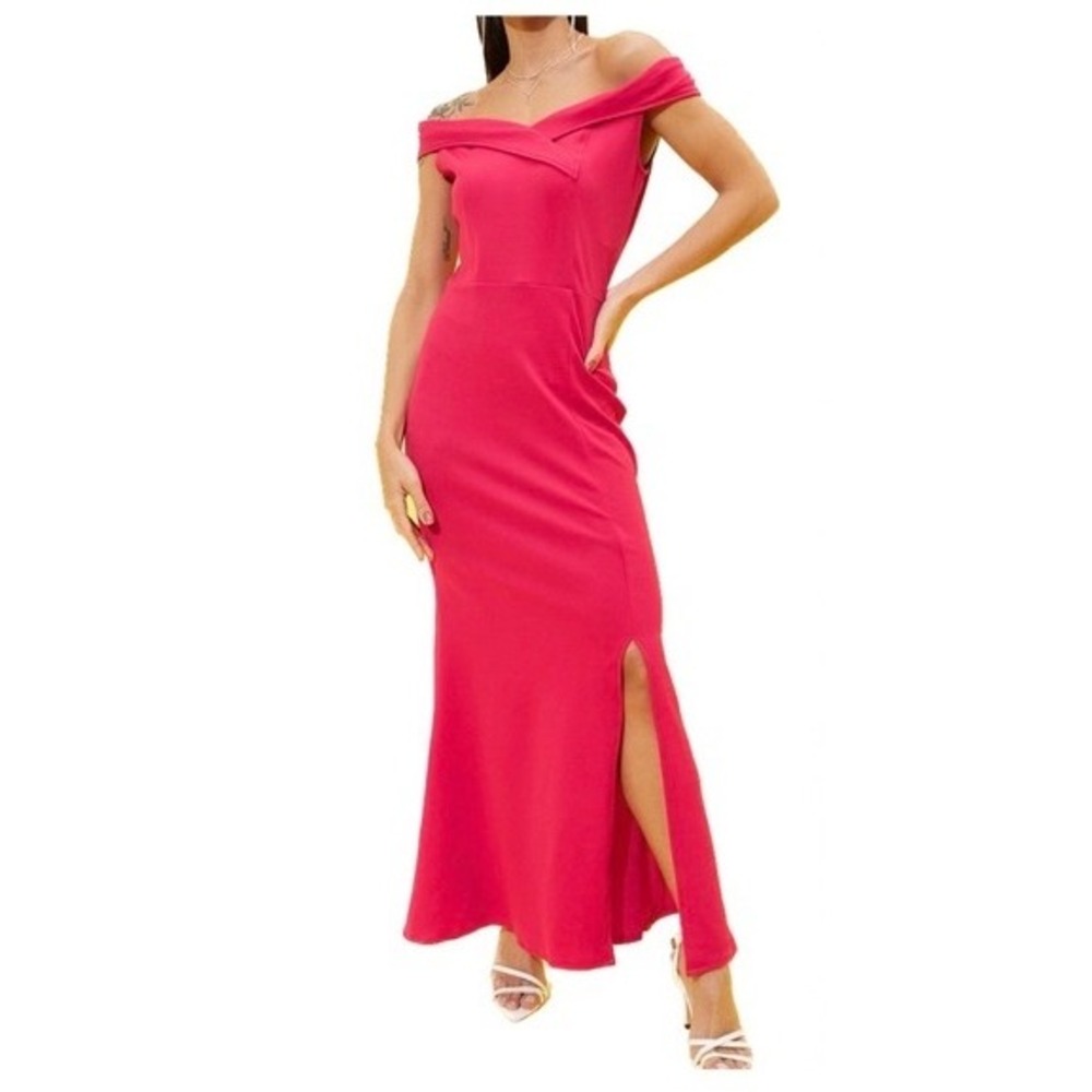 Alexa B Nites Womens Bright Fuchsia Off Shoulder Maxi Gown Side Slit Dress 10